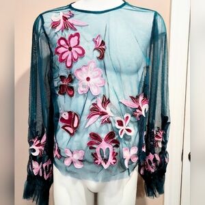 NWT By Anthropologie Long-Sleeve Embroidered Cropped Mesh Top Size 1X